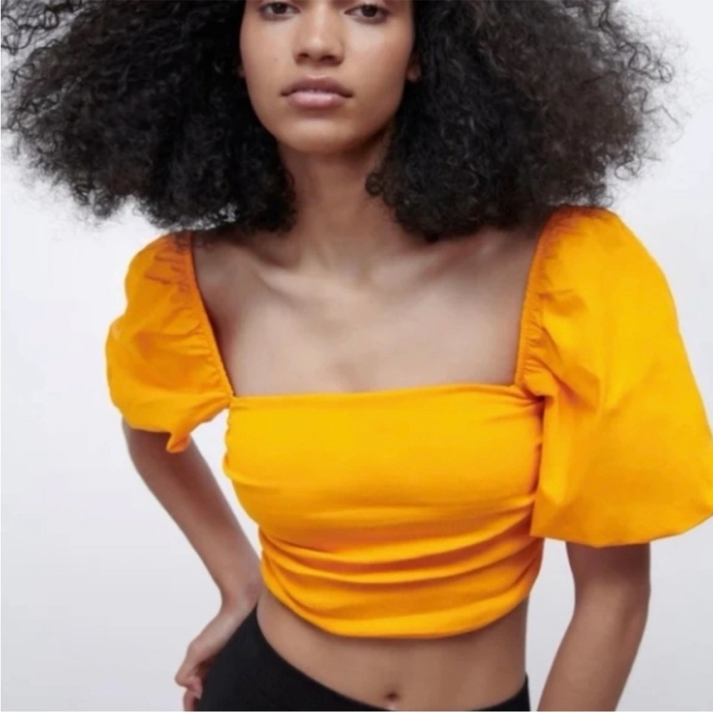 NEW Zara Orange Puff Sleeve Cropped Top NWT
